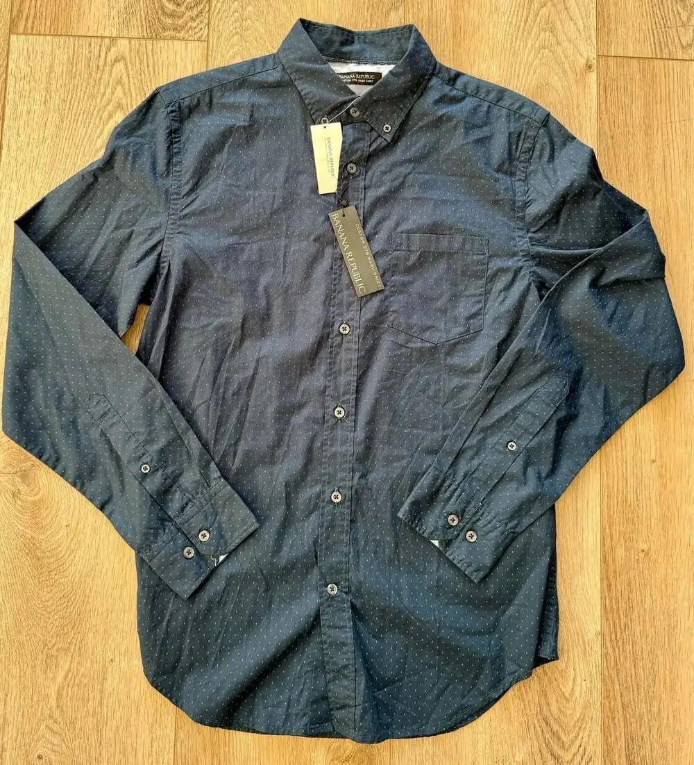 Banana Republic Custom 078 Wash Shirt Tailored Slim Fit Navy Dot Print